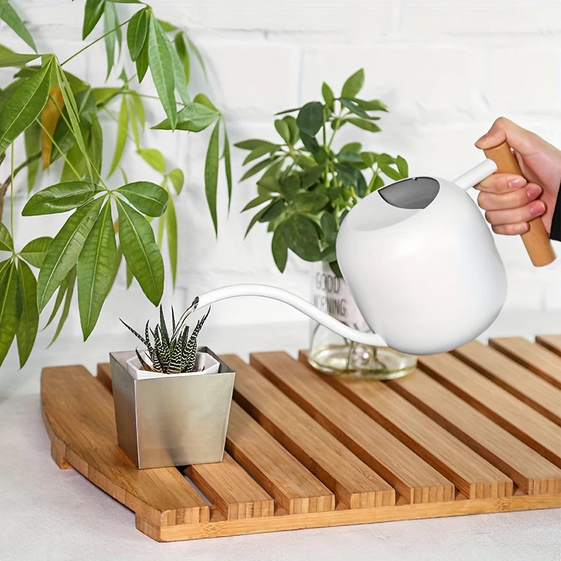 TIVVA 1200 – schwarze Edelstahl-Gießkanne, 1,2 L, mit Holzgriff & langer Ausgussdüse, für Innen- & Außenbereich