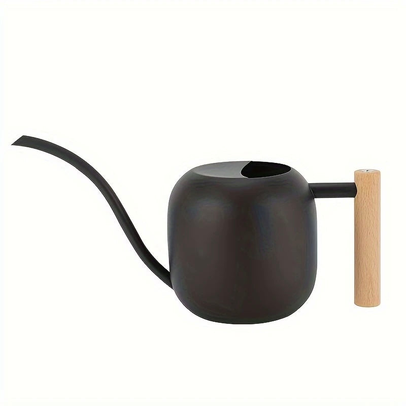 TIVVA 1200 – schwarze Edelstahl-Gießkanne, 1,2 L, mit Holzgriff & langer Ausgussdüse, für Innen- & Außenbereich