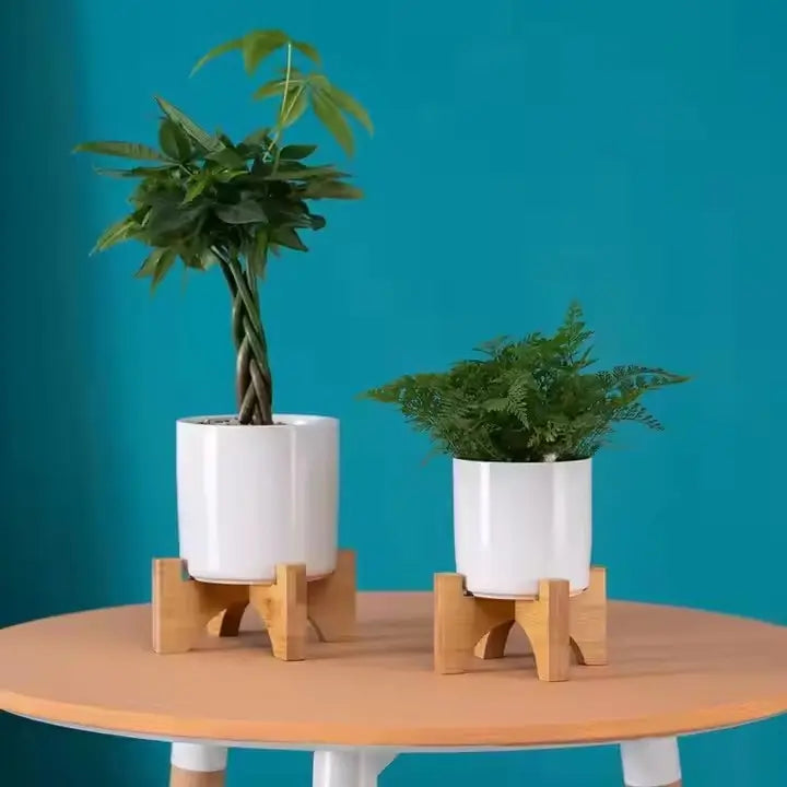 MALA – Blumentopf zylindrisch – Keramik – Weiß – Ø 9 cm – mit Bambusständer & Drainageloch