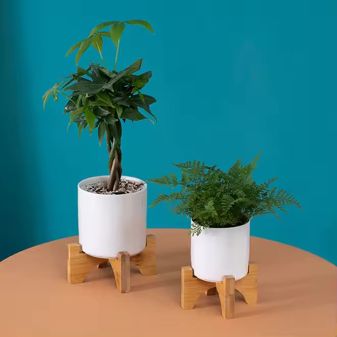 MALA – Blumentopf zylindrisch – Keramik – Weiß – Ø 9 cm – mit Bambusständer & Drainageloch