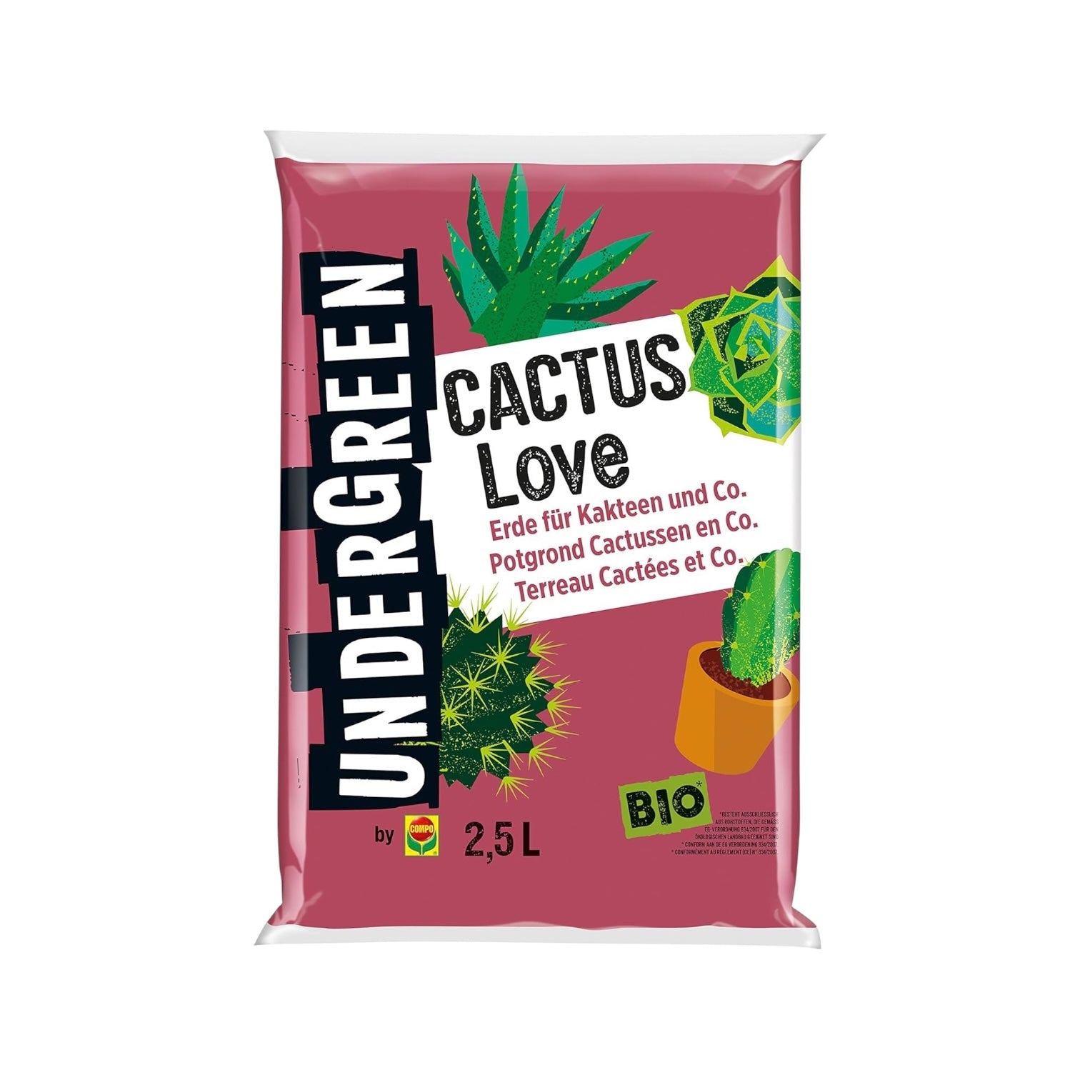 Undergreen by COMPO Cactus Love, Kakteenerde, Erde für Kakteen und Co, Bio, Kultursubstrat, 2,5 Liter