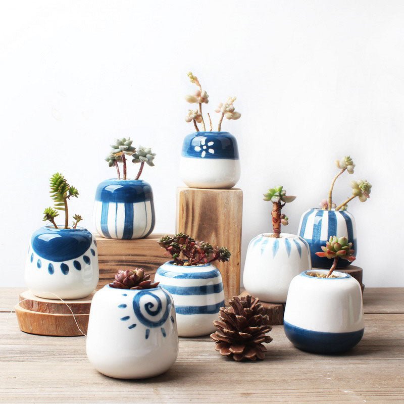 5er Set Mini-Sukkulententopf mit Loch- Ø6cm - Japanisch blau -KAKTOS Pflanzgefäße & Zubehör