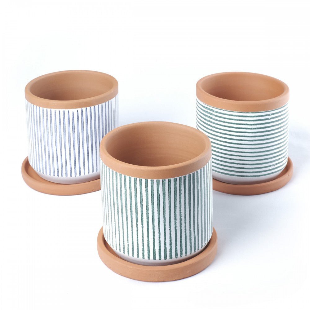 Blau vertikal gestreifter Übertopf mit Untertasse, handgefertigt -KAKTOS Pflanzgefäße & Zubehör