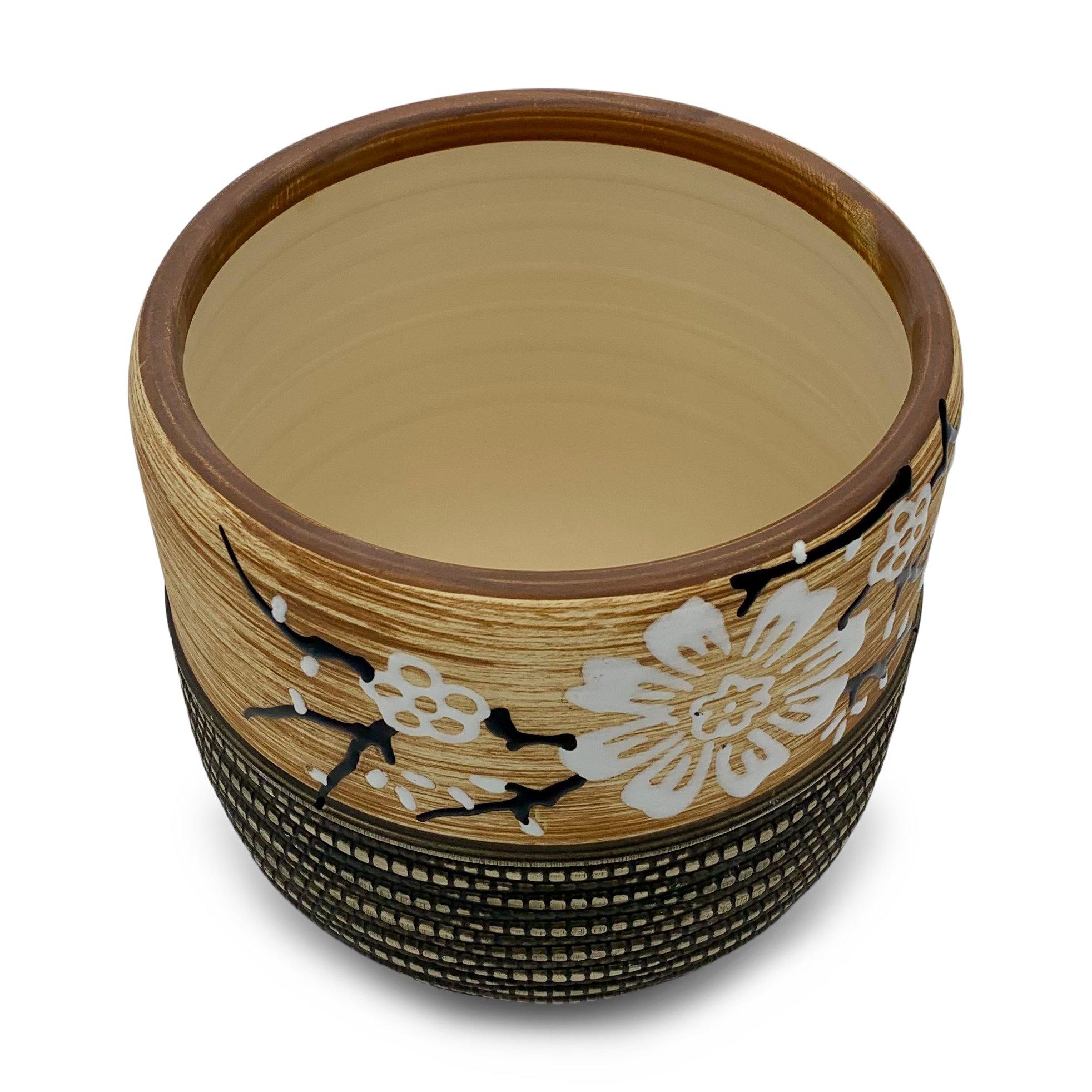 Blumentopf handbemalt, Ø17cm, 19cm hoch, florales Muster, beige/braun, mit Loch, -KAKTOS Pflanzgefäße & Zubehör