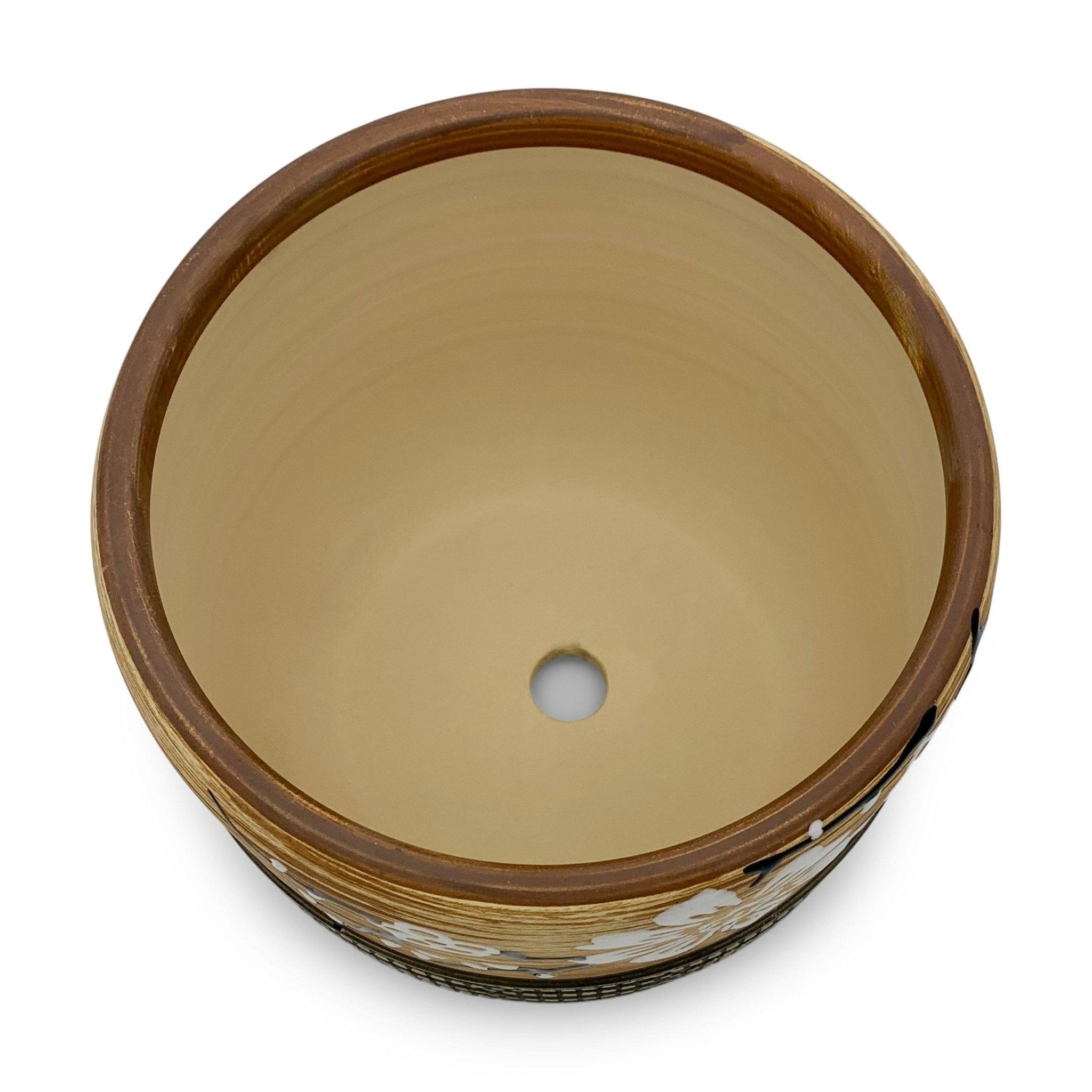 Blumentopf handbemalt, Ø17cm, 19cm hoch, florales Muster, beige/braun, mit Loch -KAKTOS Pflanzgefäße & Zubehör