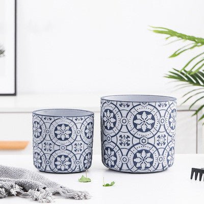 Blumentopf mit nordischem Mustern aus Beton, Ø11cm, blau/grau mit Loch -KAKTOS Pflanzgefäße & Zubehör