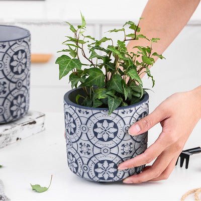 Blumentopf mit nordischem Mustern aus Beton, Ø11cm, blau/grau mit Loch -KAKTOS Pflanzgefäße & Zubehör