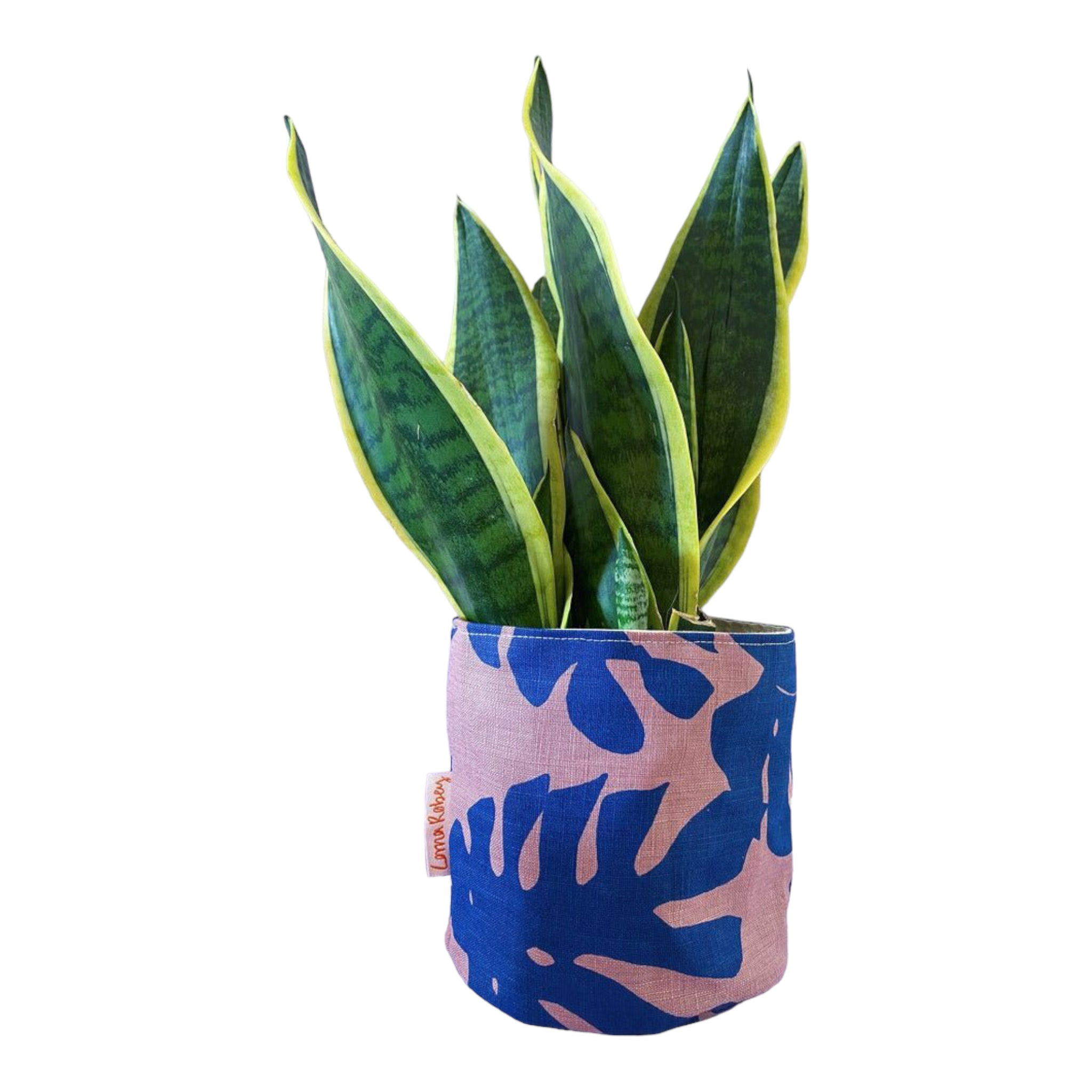 LORNA – Blumentopfhülle für Innenbereiche, Leinen & Baumwolle, Lavendelblau mit Blattdruck, Ø 12,5 cm, handbedruckt in Großbritannien