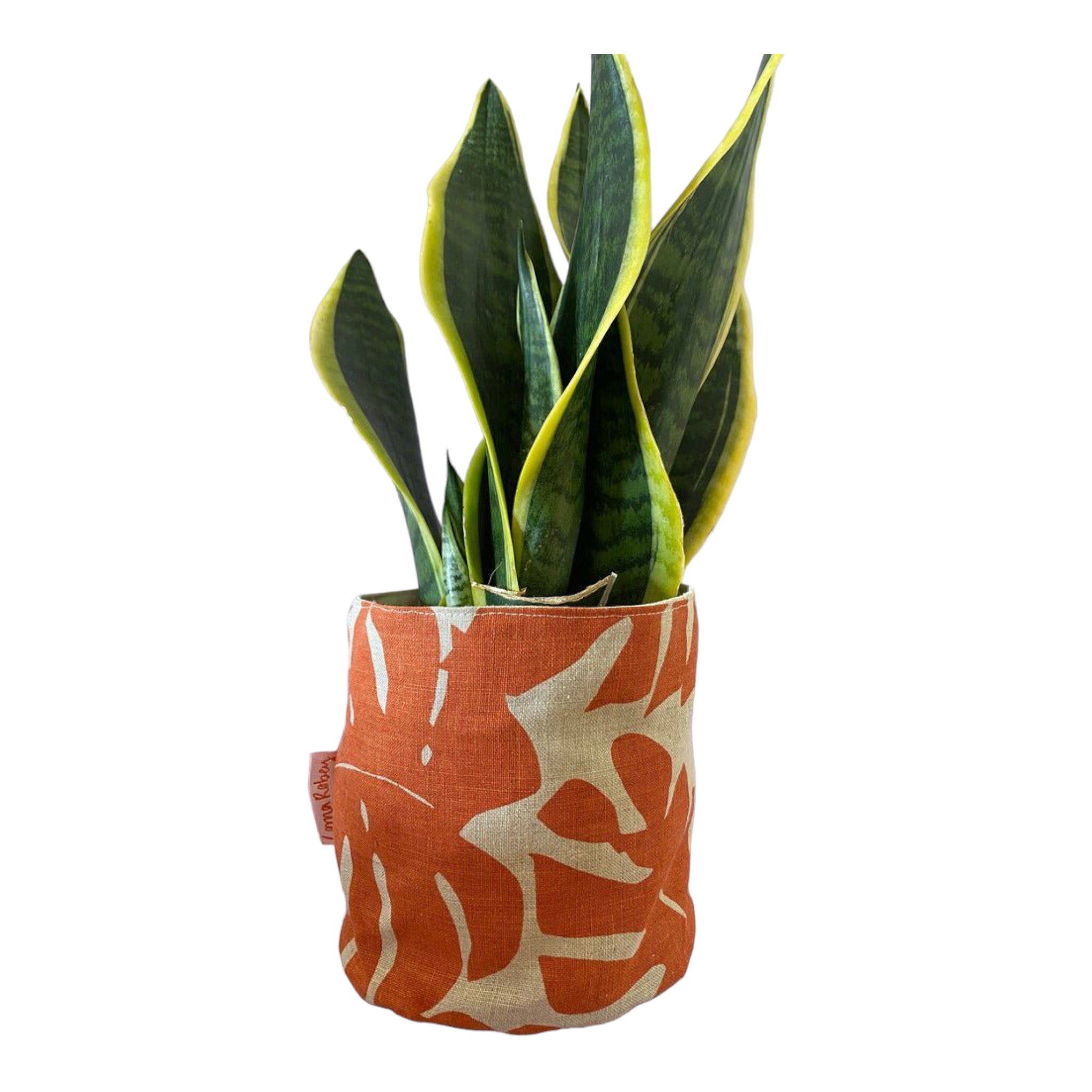 LORNA – Blumentopfhülle für Innenbereiche, Leinen & Baumwolle, Orange mit Blattdruck, Ø 12,5 cm, handbedruckt in Großbritannien