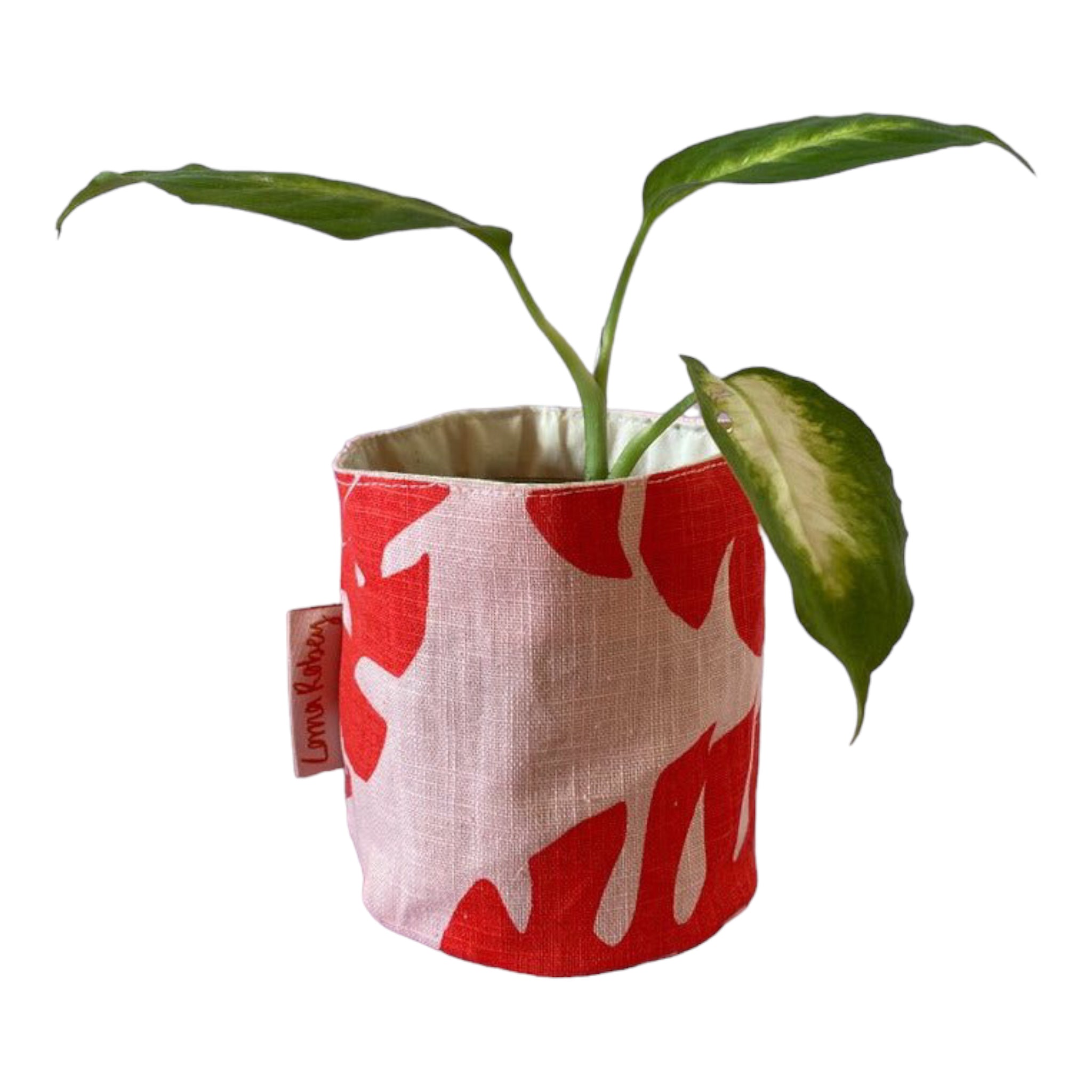 LORNA – Blumentopfhülle für Innenbereiche, Leinen & Baumwolle, Rot mit Blattdruck, Ø 12,5 cm, handbedruckt in Großbritannien