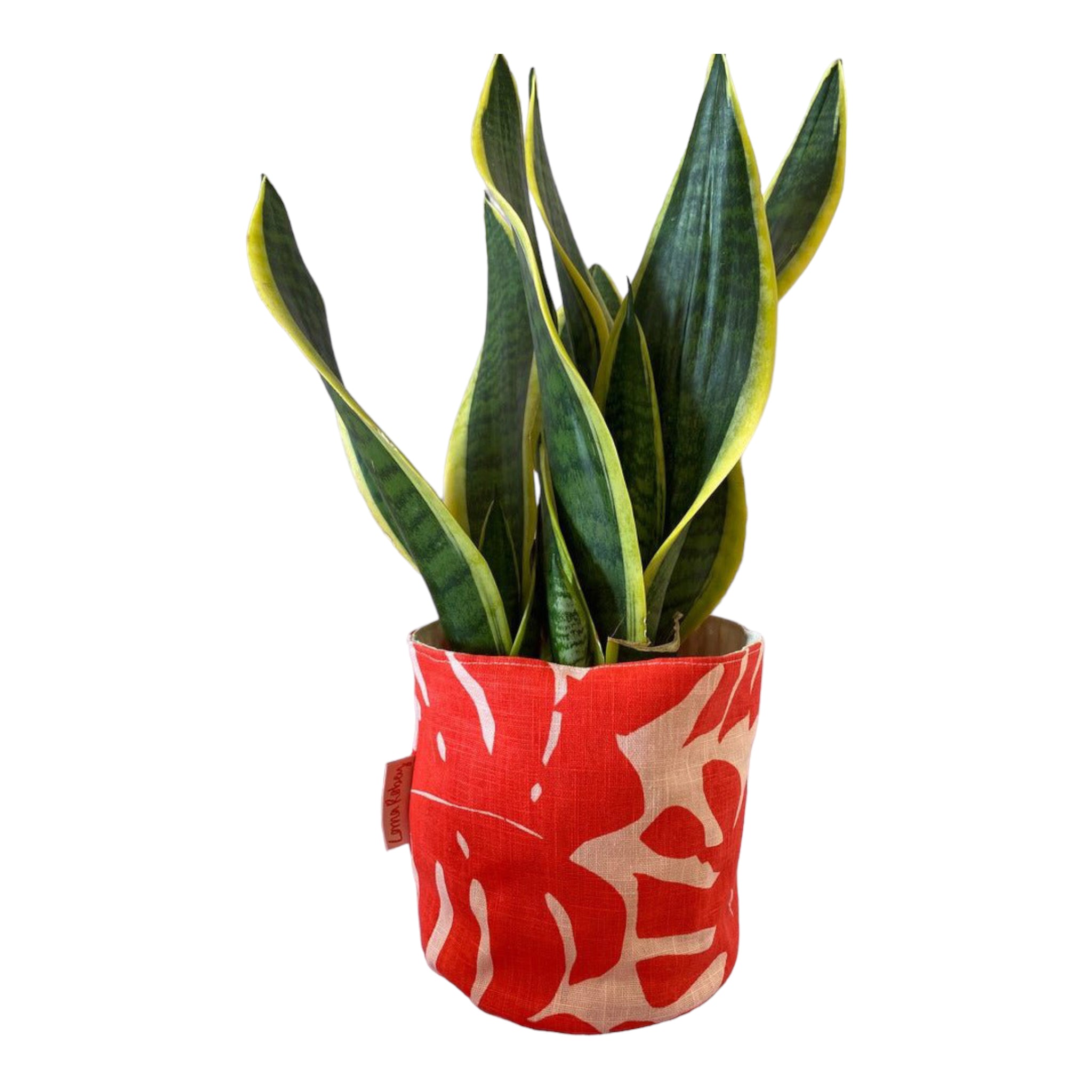 LORNA – Blumentopfhülle für Innenbereiche, Leinen & Baumwolle, Rot mit Blattdruck, Ø 12,5 cm, handbedruckt in Großbritannien