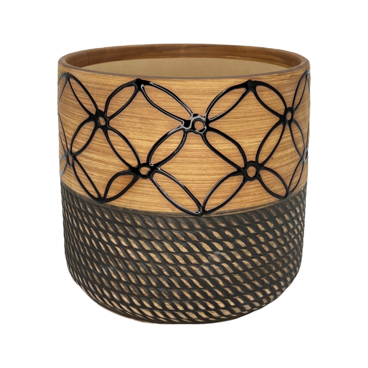 Blumentopf handbemalt, Ø17cm, 19cm hoch, schwarze Linien, beige/braun, mit Loch -KAKTOS