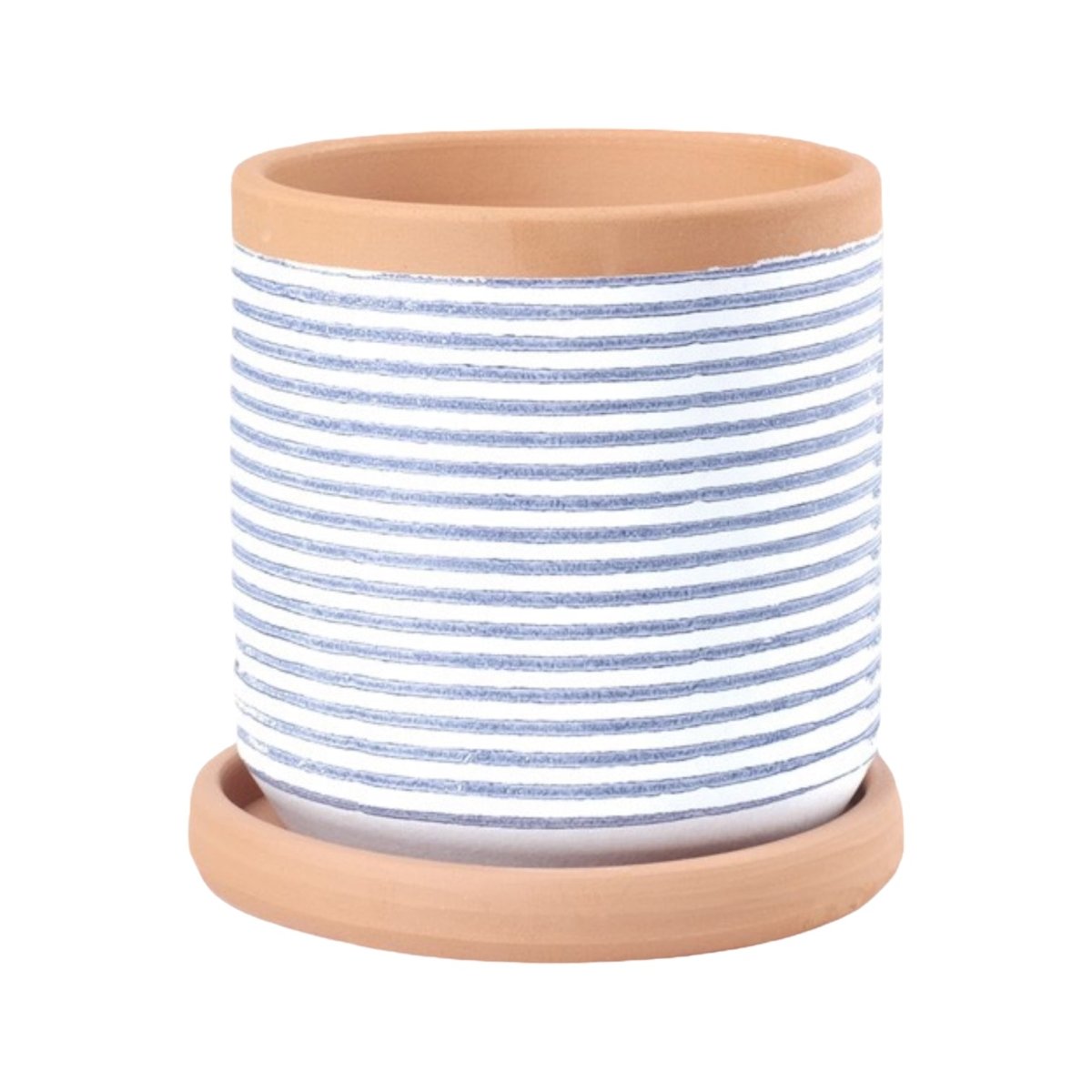 Blauer Übertopf mit Untertasse, horizontal gestreift, handgefertigt, Kollektion Lama -KAKTOS