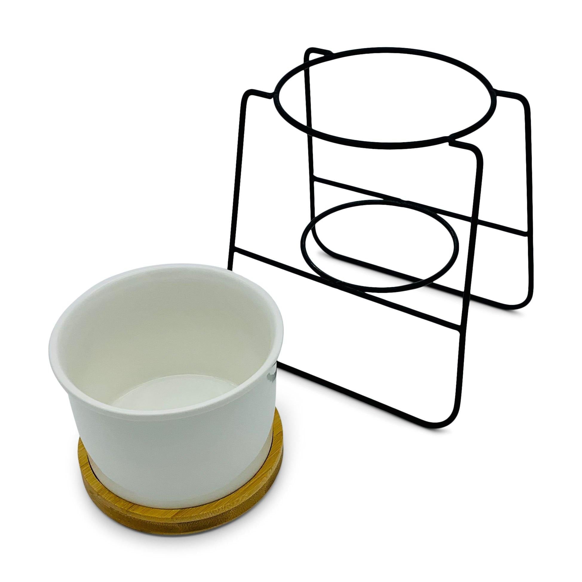 Oslo - Weißer Übertopf, Ø 11cm mit schwarzem Metallgestell und Bambusuntersetzer -KAKTOS Pflanzen & Zubehör