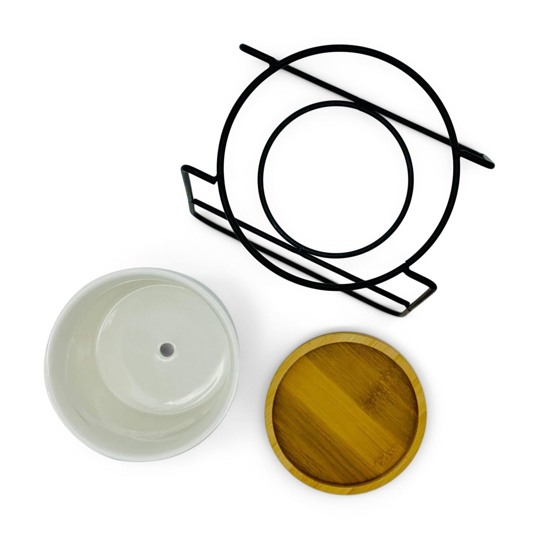 Oslo - Weißer Übertopf, Ø 11cm mit schwarzem Metallgestell und Bambusuntersetzer -KAKTOS Pflanzen & Zubehör