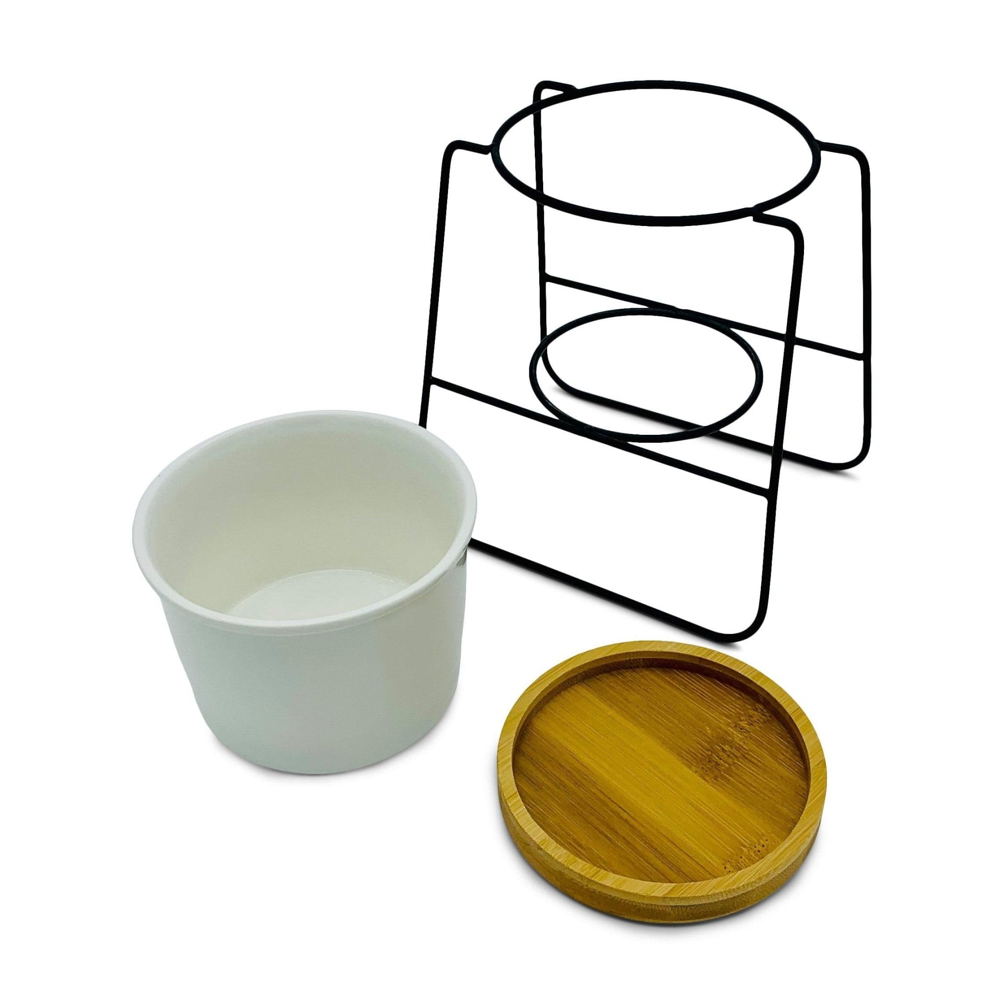 Oslo - Weißer Übertopf, Ø 11cm mit schwarzem Metallgestell und Bambusuntersetzer -KAKTOS Pflanzen & Zubehör