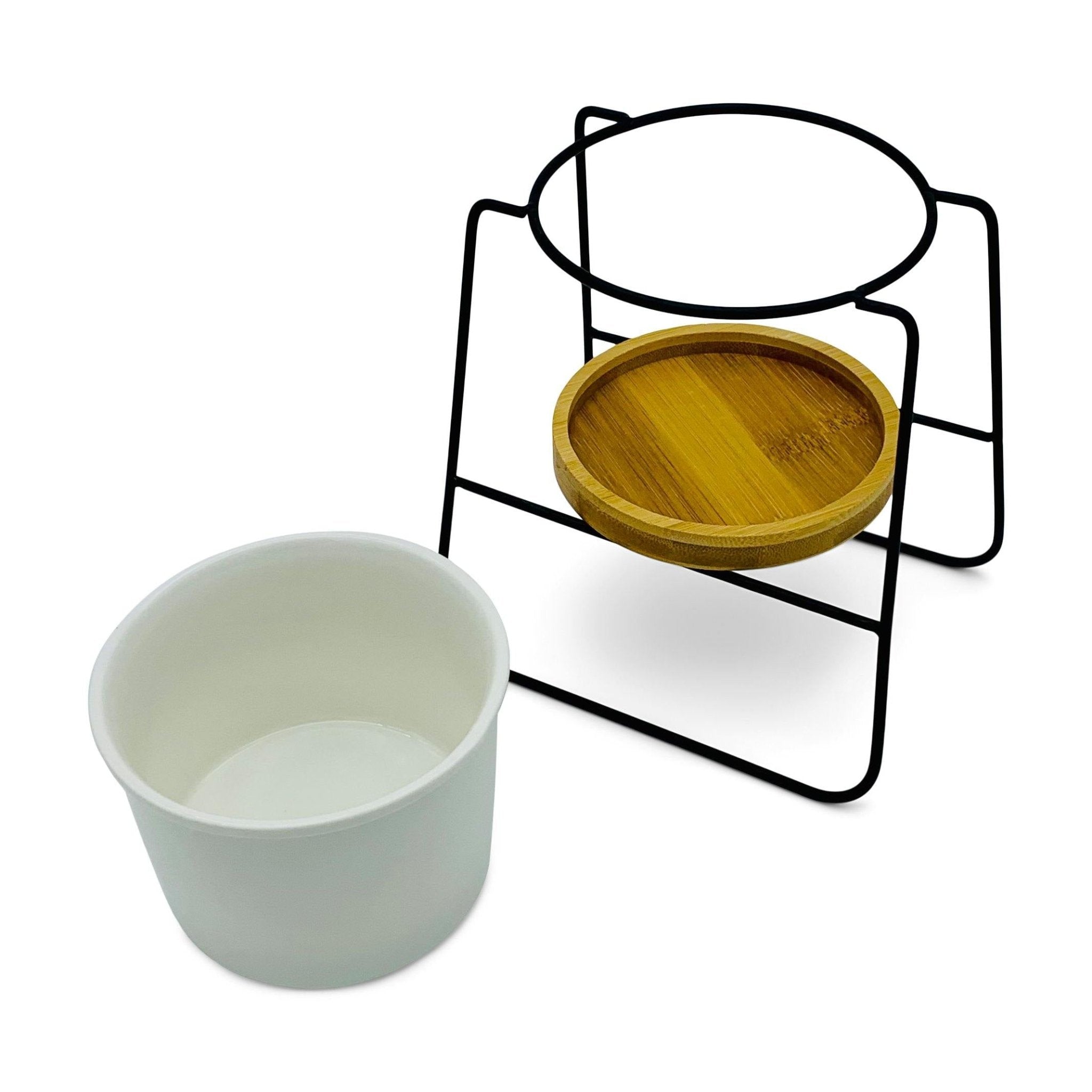 Oslo - Weißer Übertopf, Ø 11cm mit schwarzem Metallgestell und Bambusuntersetzer -KAKTOS Pflanzen & Zubehör