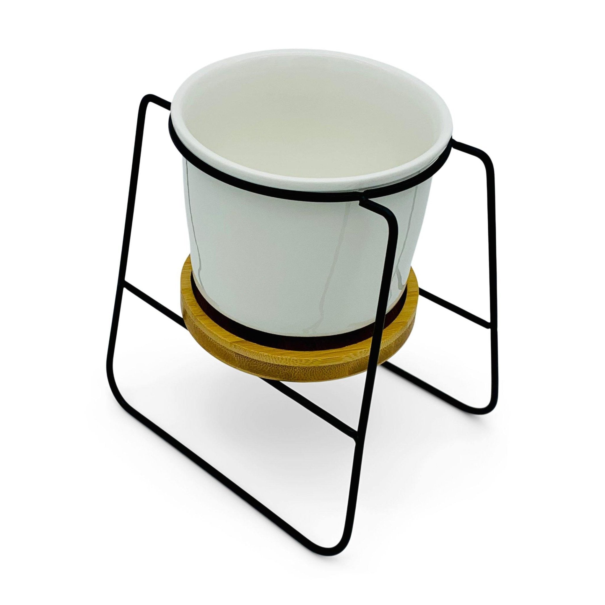 Oslo - Weißer Übertopf, Ø 11cm mit schwarzem Metallgestell und Bambusuntersetzer -KAKTOS Pflanzen & Zubehör