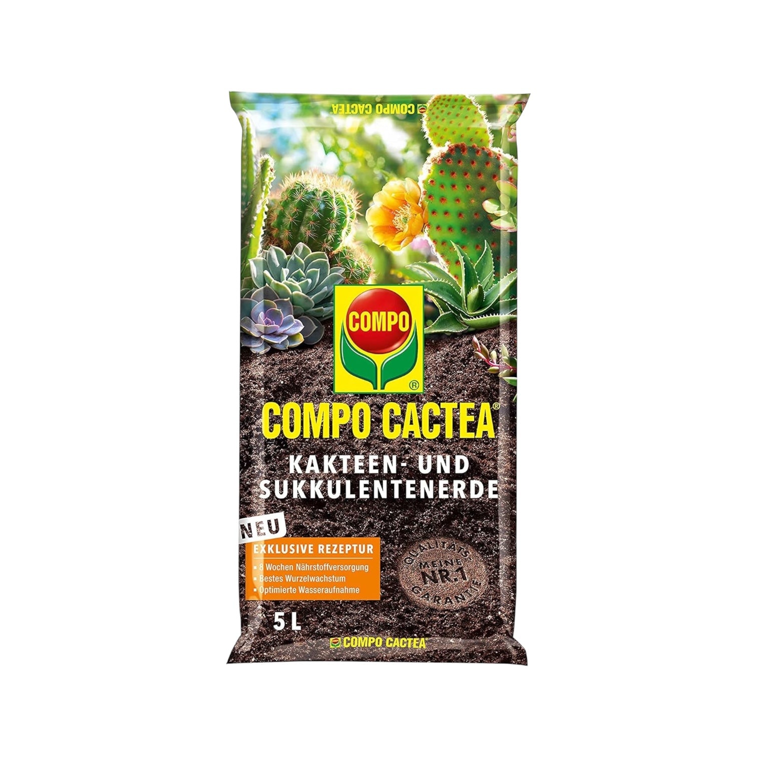 Compo CACTEA Kakteen- und Sukkulentenerde mit 8 Wochen Dünger für alle Kakteenarten und dickblättrige Pflanzen, Kultursubstrat, 5 Liter