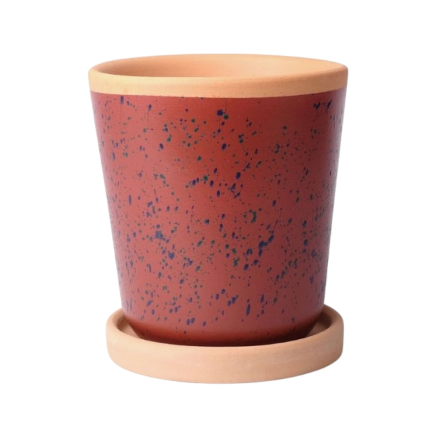 ODEMIRO – Blumentopf für Innen- und Außenbereiche, handbemalter Ton, Terrakotta gesprenkelt, Ø 15 cm, mit Drainageloch &amp; Untersetzer