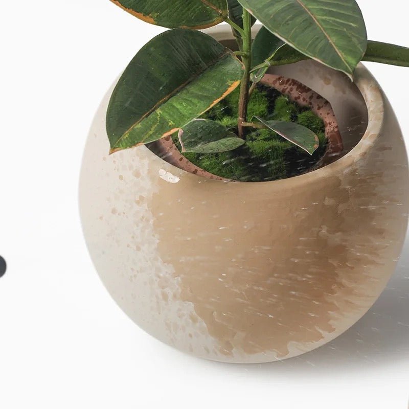 Keramik-Blumentopf, Kugelform, mit Untersetzer, dunkelgrau -KAKTOS