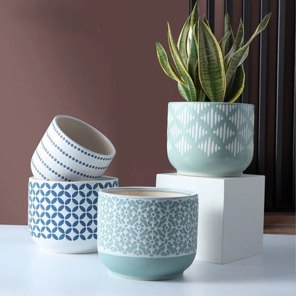 Keramik-Blumentopf, Rauten blau/weiß, verschiedene Größen -KAKTOS