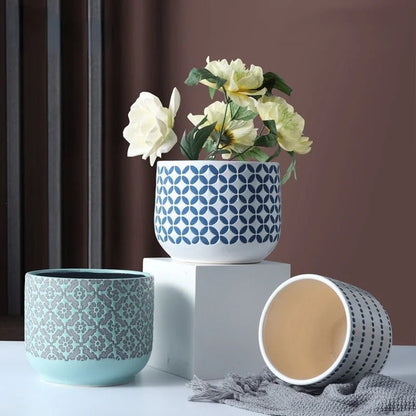Keramik-Blumentopf, florales Muster türkis/weiss, verschiedene Grössen -KAKTOS