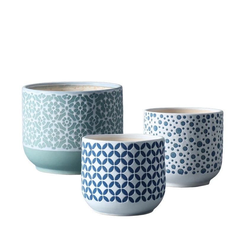 Keramik-Blumentopf, blau/weiß gepunktet, verschiedene Größen -KAKTOS