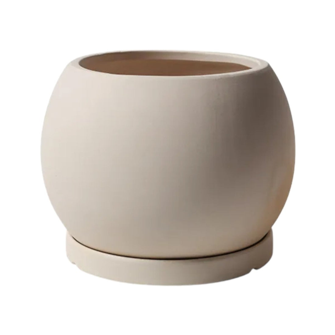 Keramik-Blumentopf, Kugelform, mit Untersetzer, cremeweiss -KAKTOS